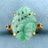 Hand Carved Jade And White Sapphire Statement Ring In 14k Yellow Gold