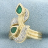 Unique Nature Design Natural Emerald And Diamond Ring In 14k Yellow Gold