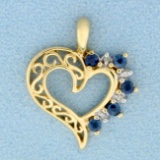 Sapphire And Diamond Heart Pendant In 14k Yellow Gold