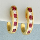 1ct Tw Ruby And Diamond Half Hoop Huggie Earrings In 18k Yellow Gold