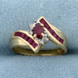 Vintage 1ct Tw Ruby And Diamond Bypass Ring In 14k Yellow Gold