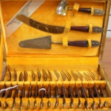 Antique Thai Bronze Brass And Rosewood 19 Piece Dessert Flatware Set With Storage Box