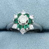 Vintage Emerald And Diamond Target Ring In 14k White Gold