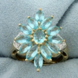 Blue Topaz And Diamond Flower Design Statement Ring In 10k Yellow Gold