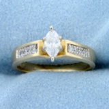 Vintage Marquise And Round Diamond Engagement Ring In 14k Yellow Gold