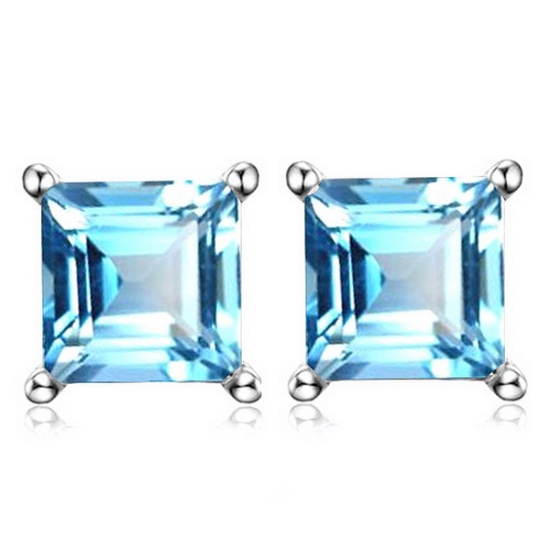 6mm Square Step Cut Natural Sky Blue Topaz Stud Earrings In Sterling Silver