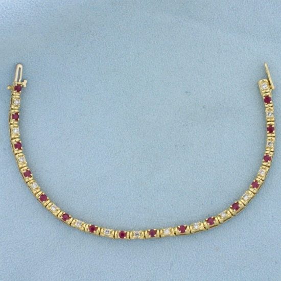 2.5ct Tw Ruby And Diamond Tennis Bracelet In 14k Yellow Gold