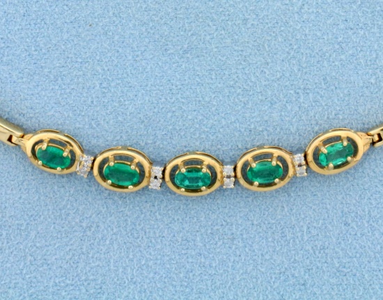 Natural Emerald And Diamond Bracelet In 14k Yellow Gold