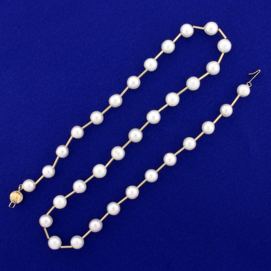 Cultured Pearl And Gold Bar Necklace In 14k Yellow Gold