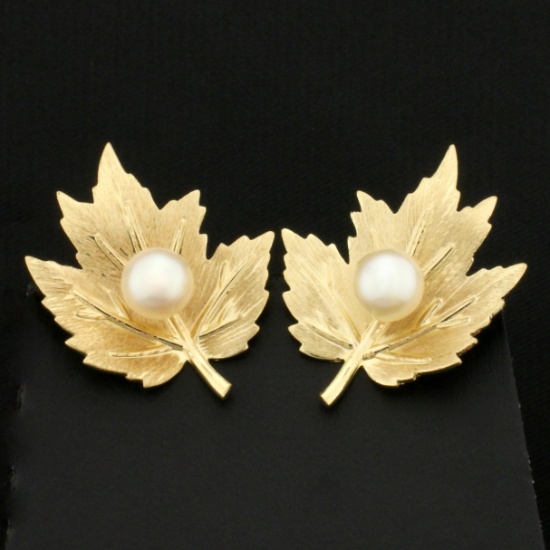 Screw Back Maple Leaf Pearl Earrings In 14k Yellow Gold