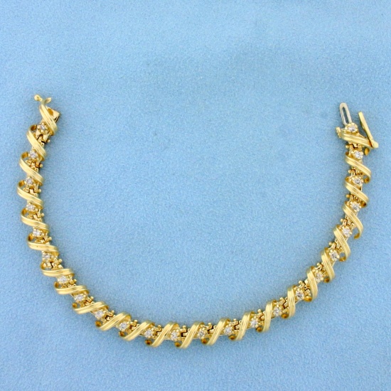 Unique 1ct Tw Diamond Spiral Design Tennis Line Bracelet In 14k Yellow Gold