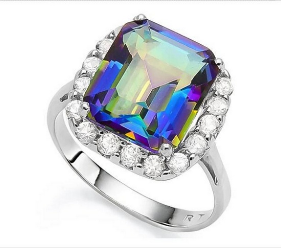 Huge 6.2ct Ocean Mystic Topaz & White Topaz Halo Statement Ring In Sterling Silver