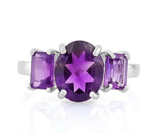 Classic Large Amethyst 3-stone Ring In Sterling Silver