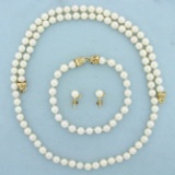 Cultured Pearl And Diamond Necklace, Bracelet And Earring Set In 14k Yellow Gold