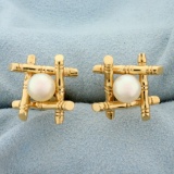 Akoya Pearl Bamboo Design Cufflinks In 14k Yellow Gold