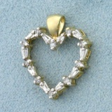 Round And Baguette Diamond Heart Pendant In 14k Yellow And White Gold