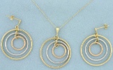 Tri Color Pendant And Dangle Earring Set In 14k Yellow, White, And Rose Gold