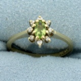 Peridot And Diamond Flower Design Ring In 10k Yellow Gold