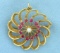 Vintage Ruby And Pearl Pinwheel Design Pin Or Pendant In 14k Yellow Gold