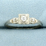 Antique Three Stone European Cut Diamond Engagement Ring In 14k White Gold
