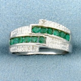 Emerald & Diamond Bypass Ring In Sterling Silver