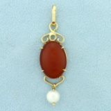 Over 14ct Cabochon Citrine And Pearl Pendant In 14k Yellow Gold