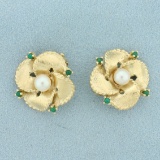 Emerald And Akoya Pearl Flower Clip On Earrings In 14k Yellow Gold