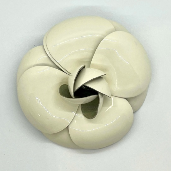 Authentic Chanel White Patent Large Camellia Flower Brooch Pin