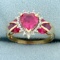 Lab Pink Sapphire And Diamond Heart Ring In 10k Yellow Gold