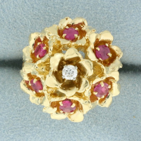 Pink Sapphire And Diamond Flower Design Ring In 14k Yellow Gold
