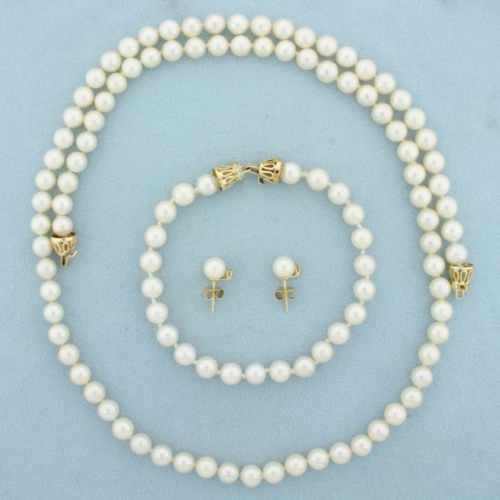 Cultured Pearl And Diamond Necklace, Bracelet And Earring Set In 14k Yellow Gold