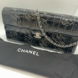 Authentic Chanel 3-way Flap Bag Black Patent Camellia East West