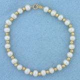Cultured Pearl And Gold Bead Bracelet In 14k Yellow Gold