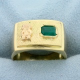 Mens Pre-columbian God Emerald Ring In 18k Yellow Gold
