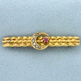 Antique Ruby And Seed Pearl Pin In 14k Yellow Gold