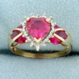 Lab Pink Sapphire And Diamond Heart Ring In 10k Yellow Gold