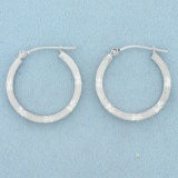 Diamond Cut Sandblast Finish Hoop Earrings In 14k White Gold