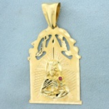 Large Ruby Virgin Mary Pendant In 10k Yellow Gold