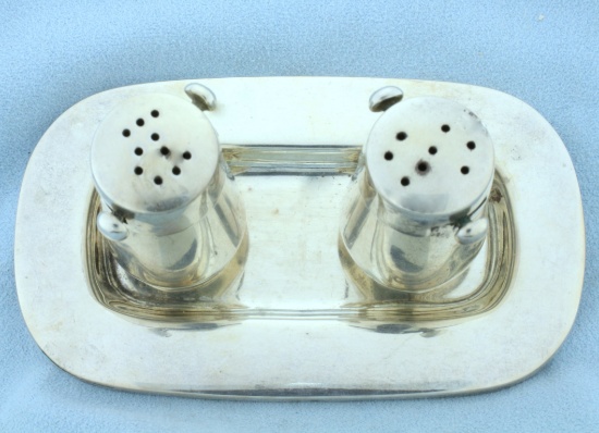 Vintage Salt And Pepper Shaker Set With Tray In Sterling Silver