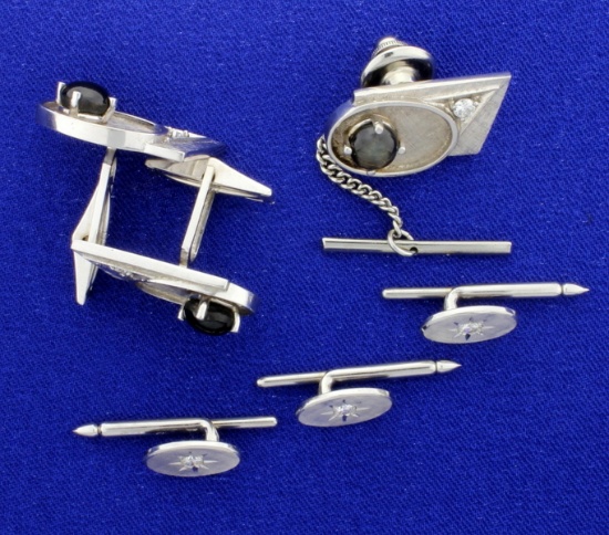 Diamond And Star Sapphire Cuff Links, Tie Tack, And Tuxedo Stud Set In 14k White Gold