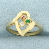 Emerald, Ruby, And White Sapphire Heart Ring In 14k Yellow Gold