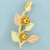 Black Hills Gold Tri-color Rose Flower Pin In 10k Yellow, Rose, And Green Gold