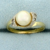 Antique Akoya Pearl And Diamond Ring In 18k Yellow Gold