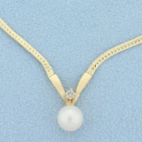 Pearl And Diamond V-style Herringbone Necklace In 14k Yellow Gold