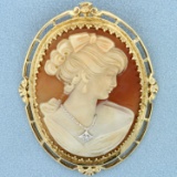 Large Vintage Diamond Shell Cameo Pendant Or Pin In 14k Yellow Gold