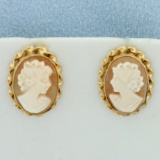 Designer Van Dell Cameo Stud Earrings In 14k Yellow Gold