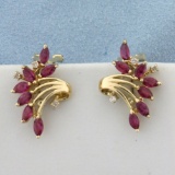 Ruby And Diamond Earrings In 14k Yellow Gold