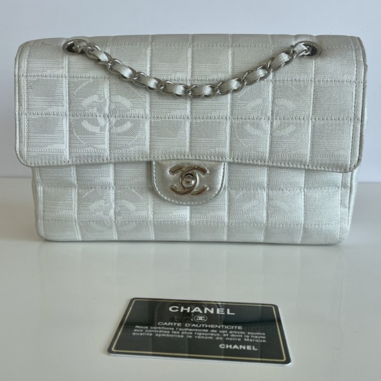 Authentic Chanel Bag Silver And White Logo Fabric Classic Flap