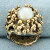 Hand Crafted Akoya Pearl Solitaire Ring In 14k Yellow Gold