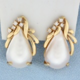 Teardrop Mabe Pearl And Diamond Earrings In 14k Yellow Gold